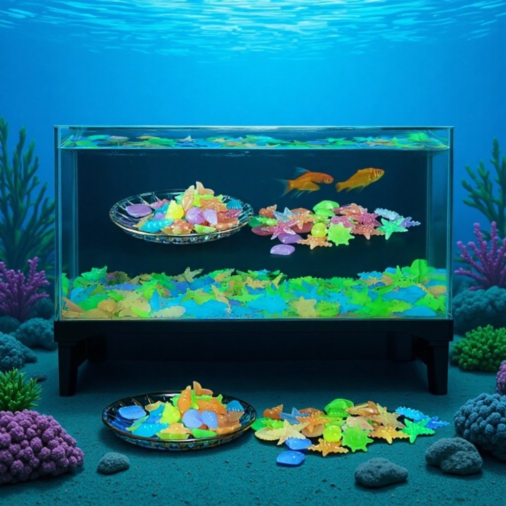 Aquarium Plant Display - 빛나는 해양석, 형광 조개껍데기, 화려한 불가사리